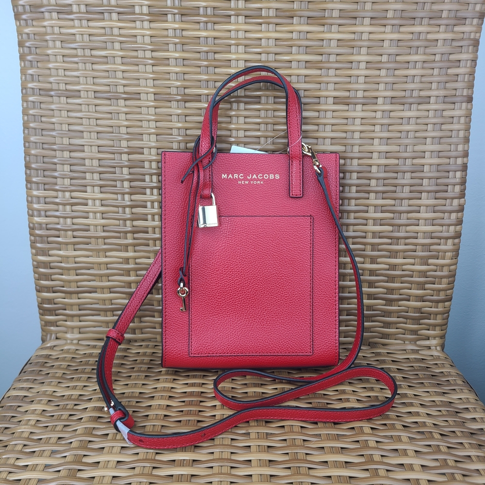 Marc Jacobs Fire Red Pebbled Leather Tote Bag Crossbody Gold Tone Hardware NWT
